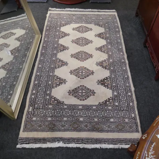 PAKISTAN BOKHARA HANDKNOTTED RUG 5 medallions tan field 1700 x 900mm.