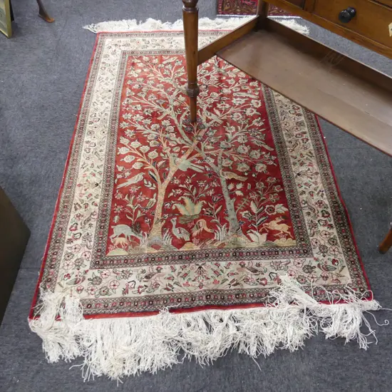PERSIAN HAND KNOTTED RED SILK RUG; TREE OF LIFE DESIGN 1500x1015mm