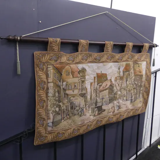 TAPESTRY STYLE WALL HANGNG (1200 x 680mm) ON TURNED WOODEN ROD, L.1470mm