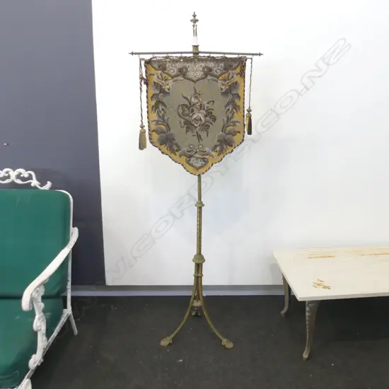 GILT METAL FIRESCREEN POLE w. NEEDLEWORK SCREEN H.1550mm