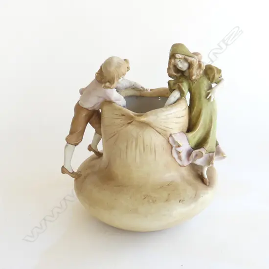 ROYAL DUX STYLE PORCELAIN VASE; 2 CHILDREN AROUND A WELL H.200mm