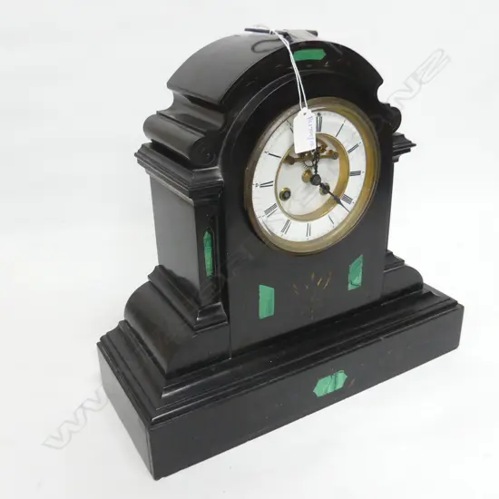 BLACK MARBLE VINTAGE MANTLE CLOCK w. KEY H.360mm