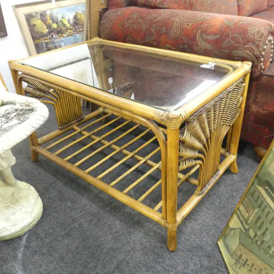 CANE GLASS TOP COFFEE TABLE – 820 x 500 x 490mm