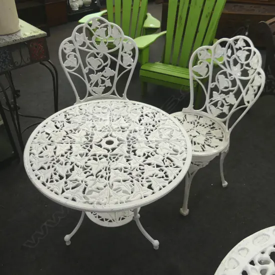 VINTAGE WHITE METAL OUTDOOR TABLE & 2 CHAIRS,  DIA. 700mm