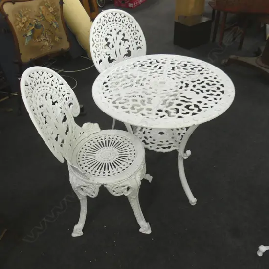 VINTAGE WHITE METAL OUTDOOR TABLE & 2 CHAIRS,  DIA. 700mm ONE LEG A/F