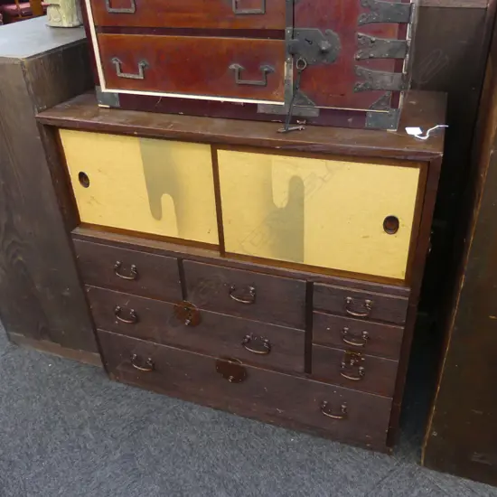 JAPANESE 7 DRAWER CABINET TANSU CHEST GOLD DOORS H.794mm
