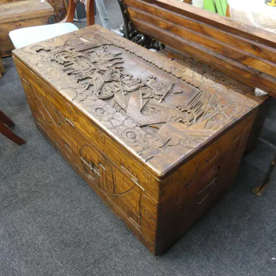 LARGE CARVED CAMPHOR WOOD CHEST 490 X 1000MM