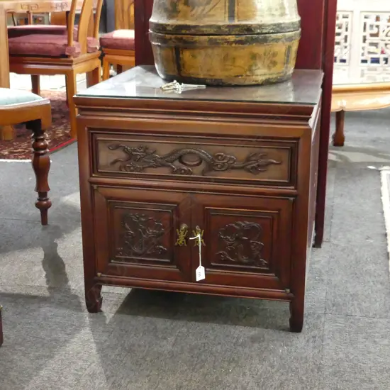 CHINESE CARVED ROSEWOOD BEDSIDE CABINET