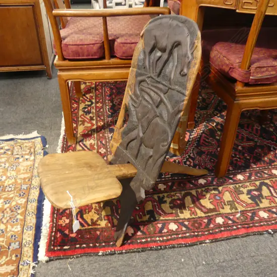 AFRICAN EBONY WOODEN FOLDING STOOL - CARVED ELEPHANT & DONKEY