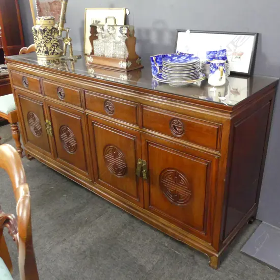 CHINESE ROSEWOOD SIDEBOARD - GLASS TOP 1825x480x855mm