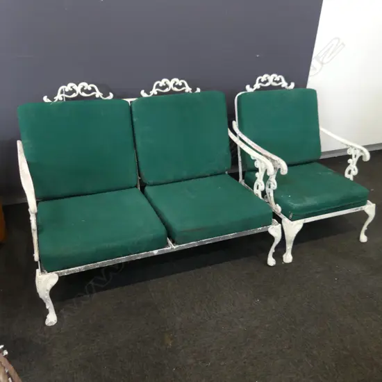 VINTAGE WHITE METAL OUTDOOR SOFA & ARMCHAIR w. GREEN CUSHIONS