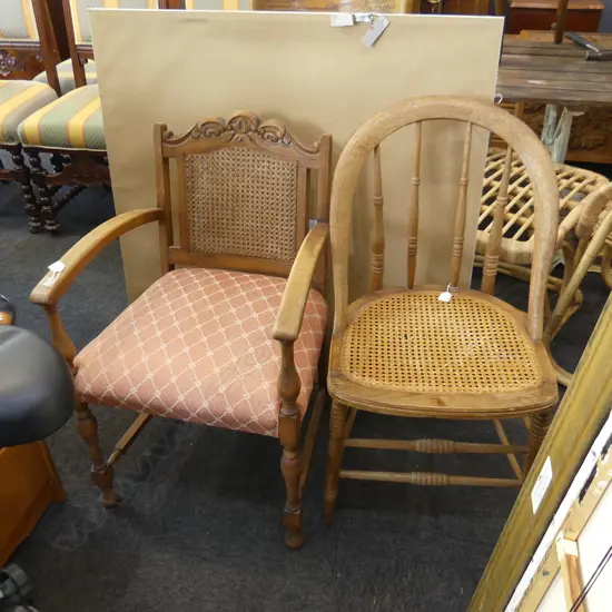 2 CHAIRS; SPINDLE CHAIR w. HOOP BACK & WOVEN SEAT + UPHOLSTERED w. CANE BACK