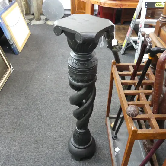 BLACK PAINTED CARVED WOODEN PLANT STAND H.1010mm