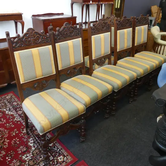 6 CARVED OAK UPHOLSTERED DINING CHAIRS