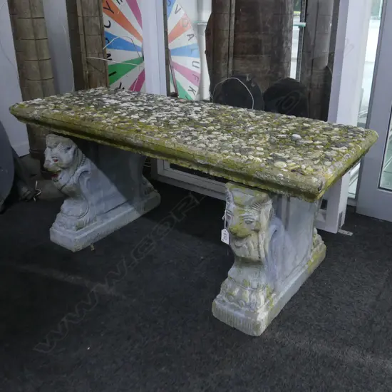 STONE GARDEN SEAT, ON  ' DOUBLE LION '  CONCRETE  SUPPORTS, 1050 X 410 X 450 mm.