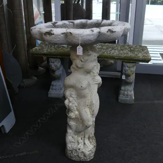 VINTAGE CONCRETE CHERUB BIRD BATH w. SCULLOPED TOP H.790mm