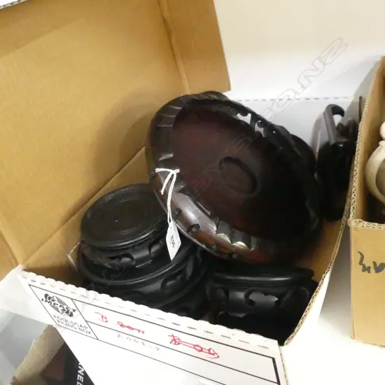 FIVE ASSORTED CARVED ORIENTAL WOODEN VASE STANDS INCLUDING ONE SQUARE SHAPE LGST DIAM. 210mm overall