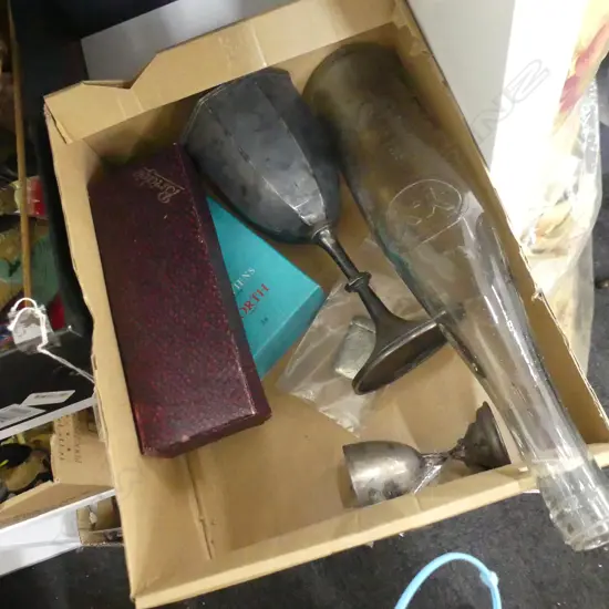 SM BOX MISC INCL OLD TROPHIES, BOTTLE, BRIDGE CARDS, PERFUME, VESTA 