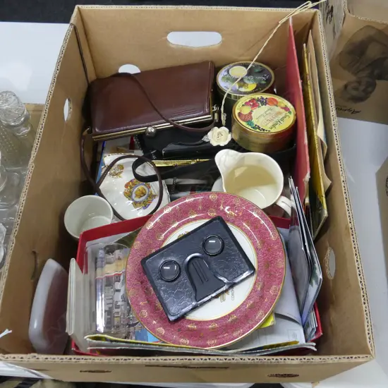 BOX LOT HAND BAGS, POSTCARDS, ROYAL CHINA ETC