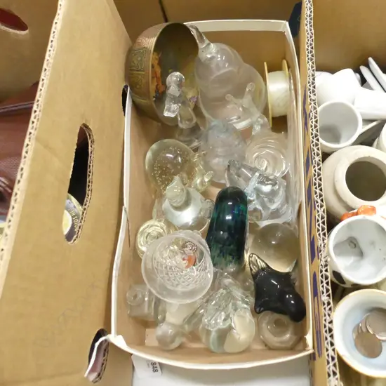 BOX LOT ASST. ART GLASS PAPERWEIGHTS ETC