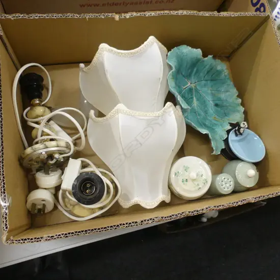 BOX MISC INCL 2 SM MARBLE BASE LAMPS ETC..