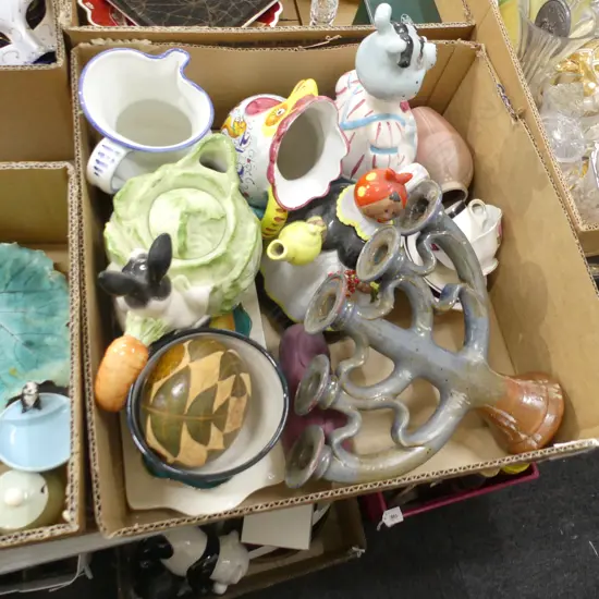 BIG BOX LOT ASST CHINA INC 2 NOVELTY TEAPOTS, LG POTTERY CANDELABRA ETC..