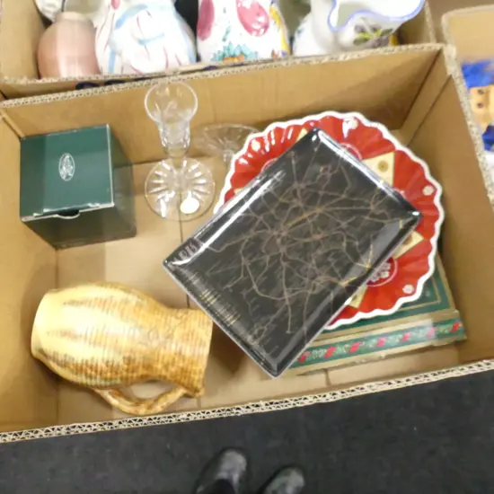 BOX ASST INCL VILLEROY & BOCH, CRYSTAL CANDLE HOLDERS, PEWTER ETC..