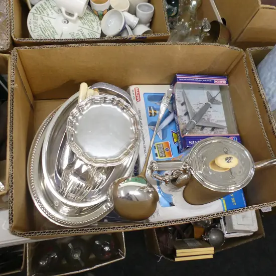 BOX LOT ASST. SILVER PLATE, FISH SET, TOYS ETC