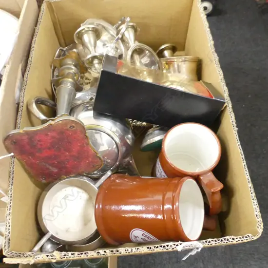 BOX ASST INCL SILVER PLATE INCL TEASET & CANDELABRA ETC.