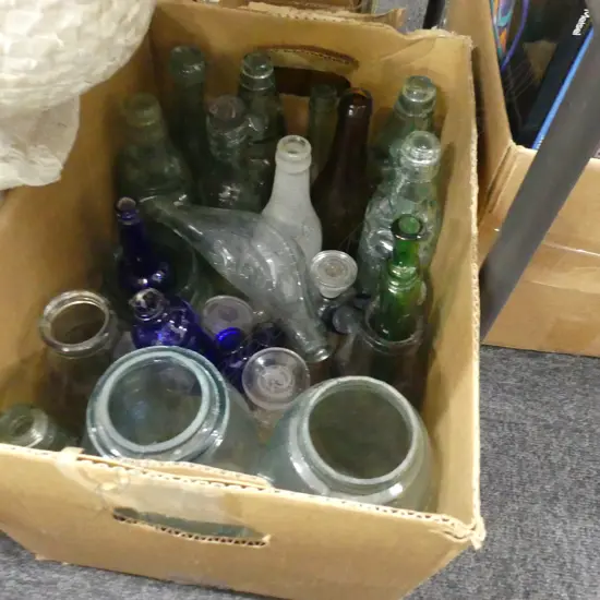 BOX LOT ASST. ANTIQUE BOTTLES; CODD ETC