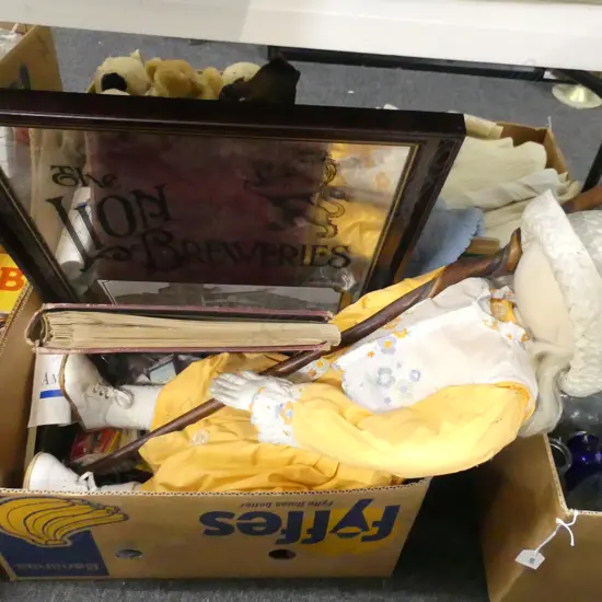 BOX LOT LGE DOLL, REPRO LION BREWERY MIRROR, 'THE TIMES ATLAS' c.1920 ETC