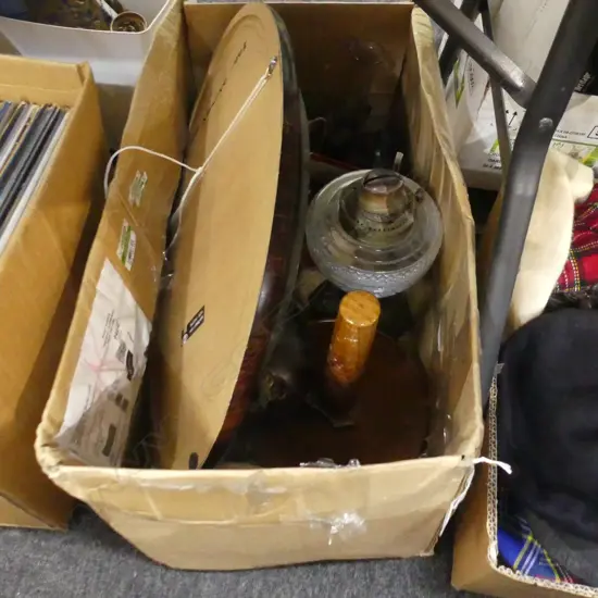 BOX LOT ASST. VINTAGE ITEMS; BOBBING HEAD DOG, KERO LAMP, IRON ETC