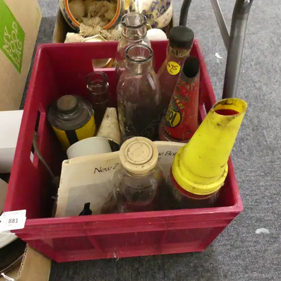 BOX LOT ASST. VINTAGE PETROL BOTTLES; SHELL, CALTEX, MOBIL ETC