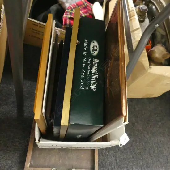 BOX LOT ASST. ARTWORKS / WOOD ALBUM BOOK