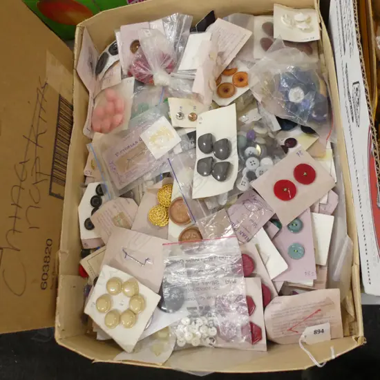 BIG BOX LOT ASST VINTAGE BUTTONS & BUCKLES, MOSTLY STILL ON ORIGINAL CARDS