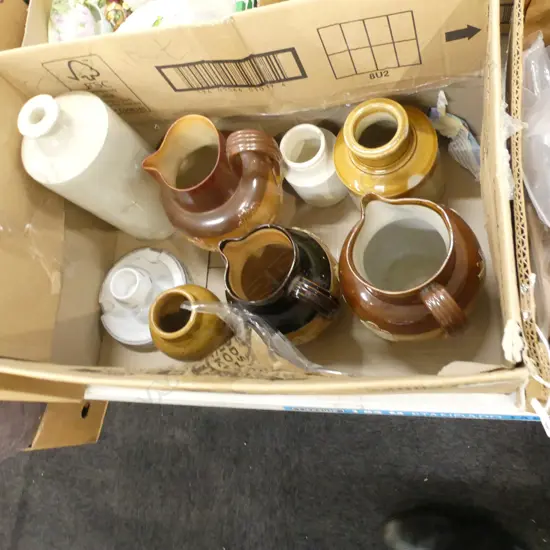 BOX LOT ASST. EARTHENWARE POTTERY; DOULTON JUGS ETC