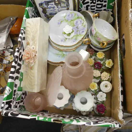 BOX ASST CHINA ETC.. INCL HAND PAINTED IRENE MARSHALL SET TRIOS, SM PORCELAIN FLOWER BOWLS ETC...