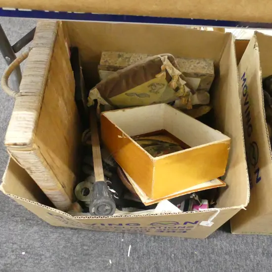 BOX MISC; BAGS, OLD MAGS, PHOTOS, LEAFLETS, TRAY ETC..
