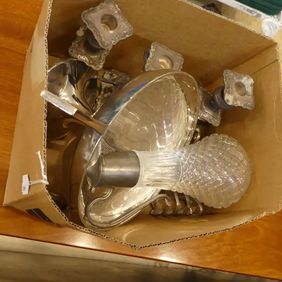 BOX ASST SILVER PLATE; CANDLEABRA, DECANTER ETC