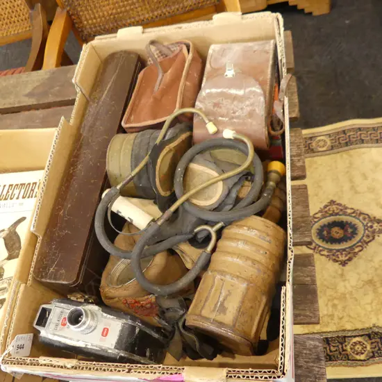 BOX LOT VINTAGE MEDICAL EQUIPTMENT, GAS MASKS, CAMERAS ETC