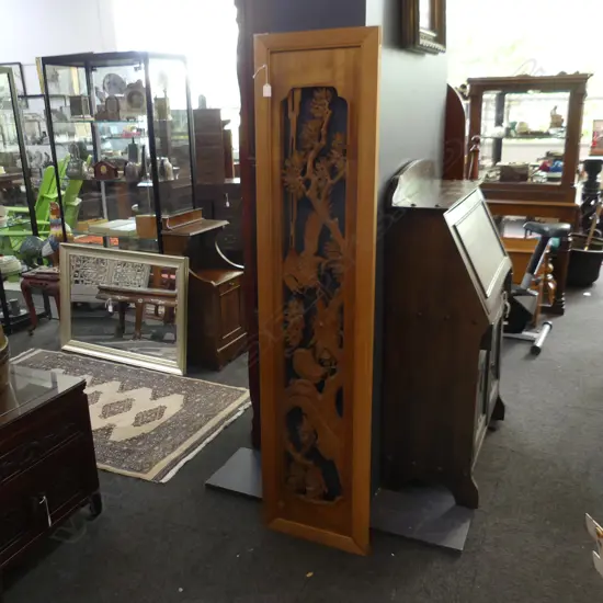 CEDAR CARVED PANEL HERONS IN A POND, PINE AND MIST W171CM