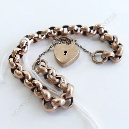 9ct ROSE GOLD BELCHER LINK BRACELET W HEART PADLOCK 18.9gms