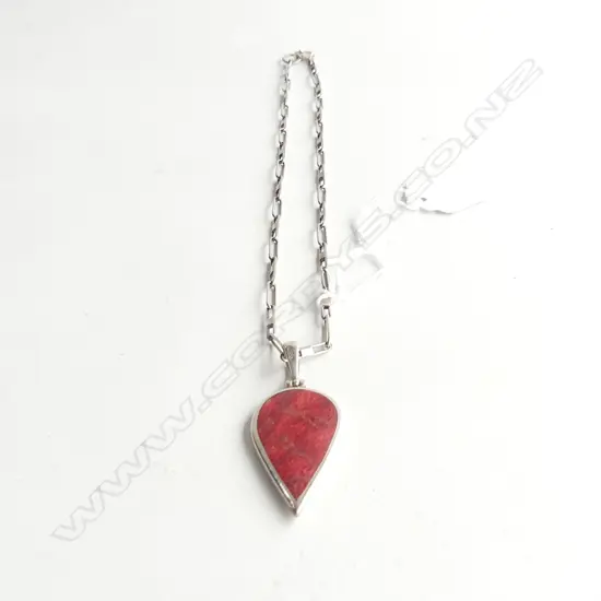 LG CORAL (?) & STG SILVER  TEAR DROP PENDANT WITH STG CHAIN