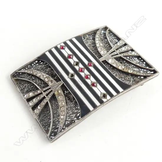 ART DECO WHITE METAL BUCKLE w enamel & paste stones 3 missing by Turriet & Bardach Austria L.66mm