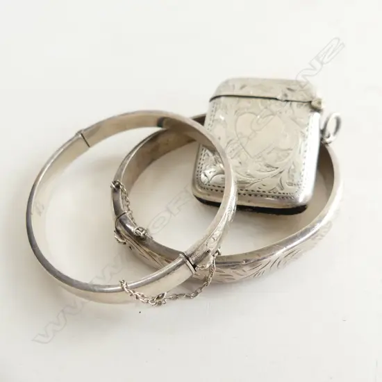 3 SILVER ITEMS: 2 BANGLES + 1 VESTA w small dent