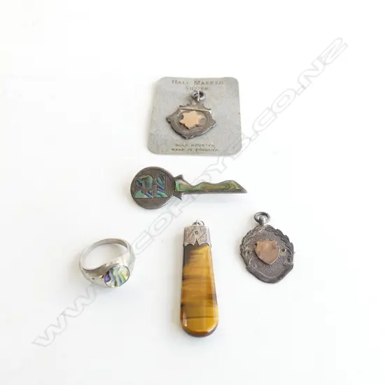 GOLDSTONE & STG PENDANT + SILVER & PAUA RING & BROOCH +  STG MEDALLIONS 