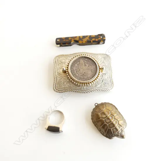 OLD SILVER USA $1 COIN BUCKLE + STG RING + POCKET KNIFE + BRASS TURTLE VESTA