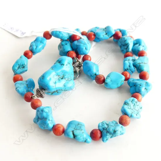 TURQUOISE & RED CORAL BEADED NECKLACE