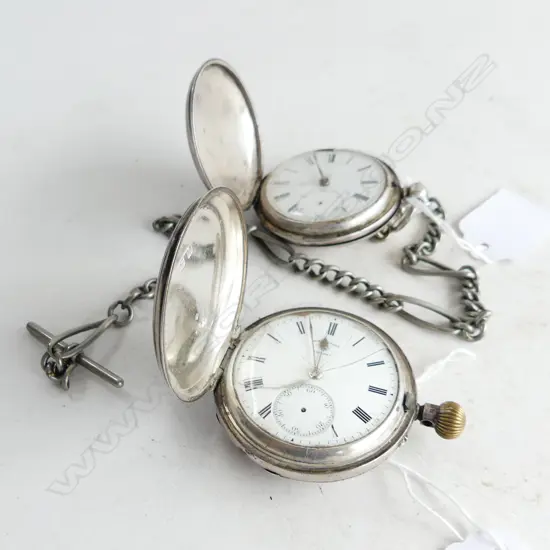 2 HALLMARKED STG SILVER POCKET WATCHES; 1 w. SILVER? ALBERT CHAIN