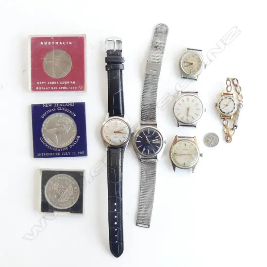 6 VINTAGE WRISTWATCHES & 3 COINS: SEIKO 19 JEWEL + 